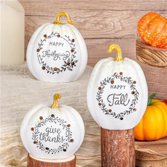 3 Pack Happy Fall White Pumpkin Light Tabletop Decor Set Pumpkin Resin with LED - Picture 5 of 7